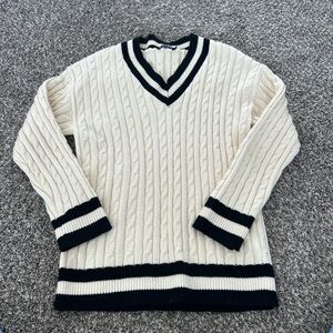 Classic Cable-Knit V-Neck Sweater - Cream with Black Trim
